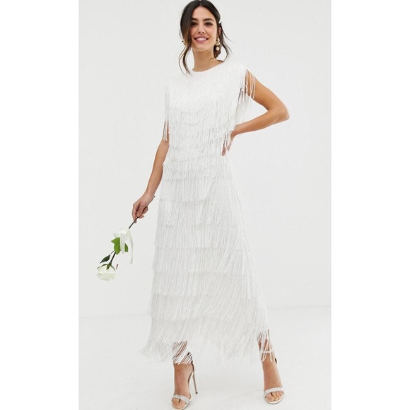 white fringe gown